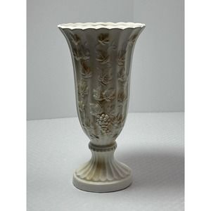 Pottery Pedestal Vase, White & Tan, Raised Embossed Grapes & Leaves, Scalloped